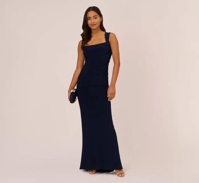 Long Dresses Womens Adrianna Papell Draped Jersey Gown With Open Back In Midnight