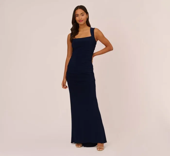 Long Dresses Womens Adrianna Papell Draped Jersey Gown With Open Back In Midnight
