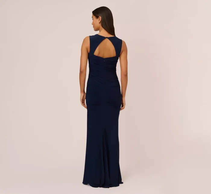 Long Dresses Womens Adrianna Papell Draped Jersey Gown With Open Back In Midnight