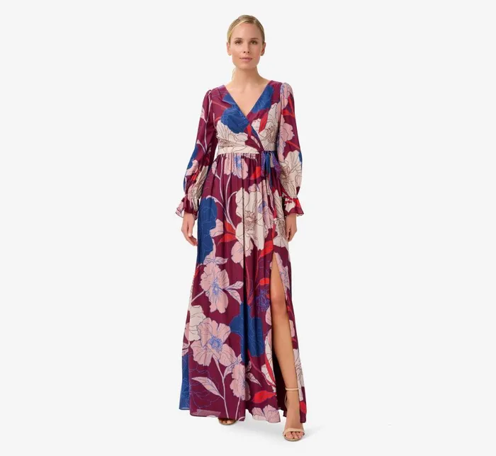 Long Dresses Womens Adrianna Papell FloralPrint Faux Wrap Long Chiffon Gown In Burgundy Multi Long Dresses Womens Adrianna Papell FloralPrint Faux Wrap Long Chiffon Gown In Burgundy Multi