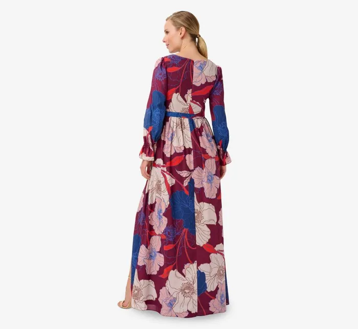 Long Dresses Womens Adrianna Papell FloralPrint Faux Wrap Long Chiffon Gown In Burgundy Multi