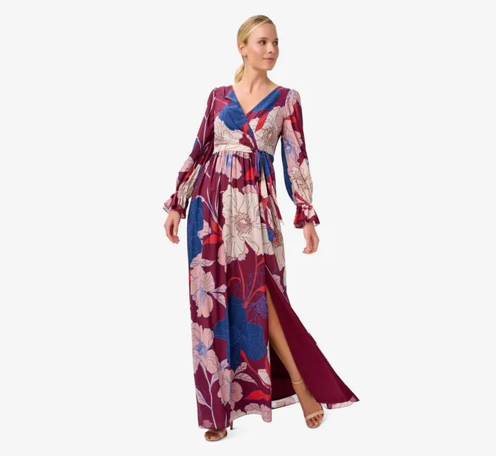 Long Dresses Womens Adrianna Papell FloralPrint Faux Wrap Long Chiffon Gown In Burgundy Multi
