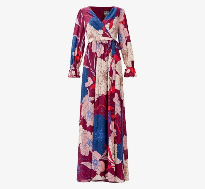 Long Dresses Womens Adrianna Papell FloralPrint Faux Wrap Long Chiffon Gown In Burgundy Multi