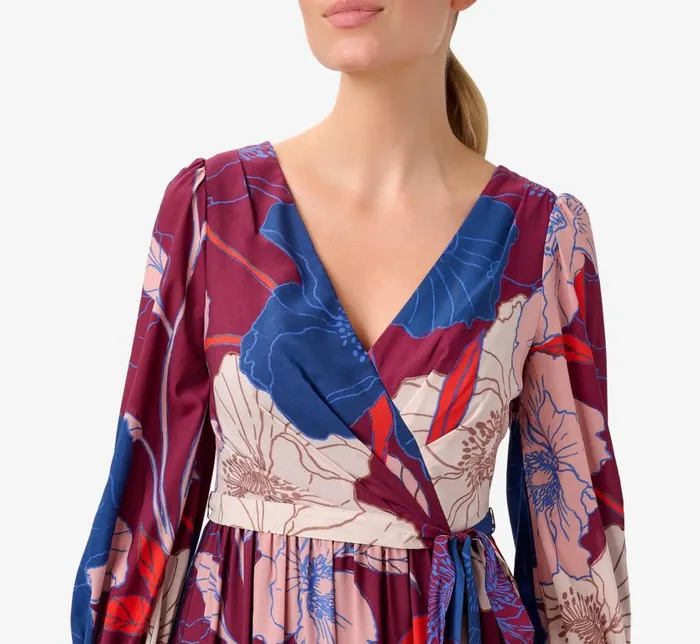 Long Dresses Womens Adrianna Papell FloralPrint Faux Wrap Long Chiffon Gown In Burgundy Multi