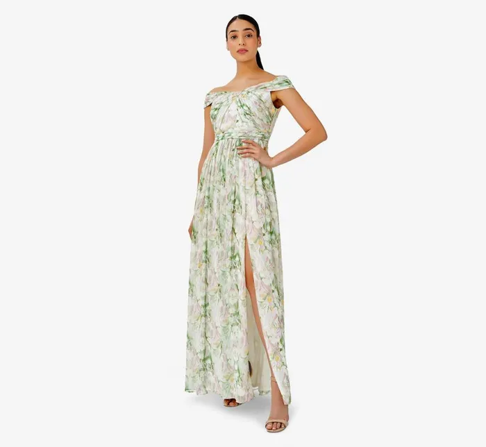 Long Dresses Womens Adrianna Papell FloralPrint OffTheShoulder Chiffon Long Gown In Spring Mint Multi