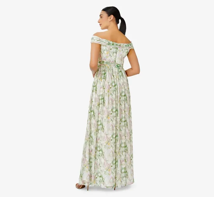 Long Dresses Womens Adrianna Papell FloralPrint OffTheShoulder Chiffon Long Gown In Spring Mint Multi