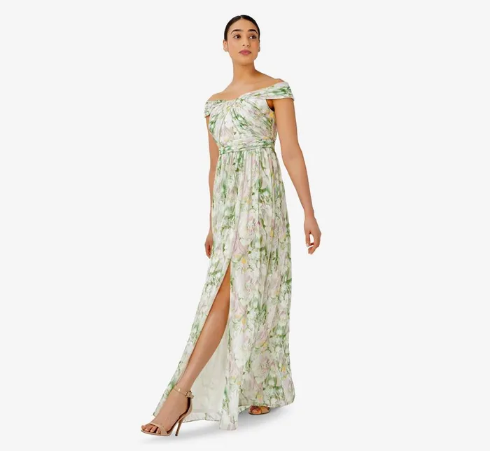 Long Dresses Womens Adrianna Papell FloralPrint OffTheShoulder Chiffon Long Gown In Spring Mint Multi