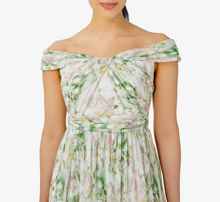 Long Dresses Womens Adrianna Papell FloralPrint OffTheShoulder Chiffon Long Gown In Spring Mint Multi