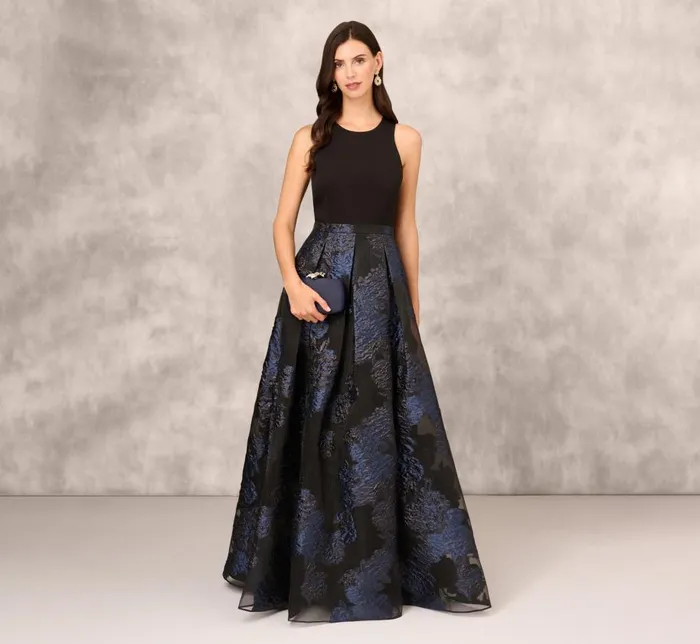 Long Dresses Womens Adrianna Papell Halter Ball Gown With Floral Jacquard Skirt In Navy Multi