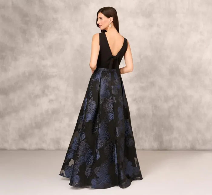 Long Dresses Womens Adrianna Papell Halter Ball Gown With Floral Jacquard Skirt In Navy Multi