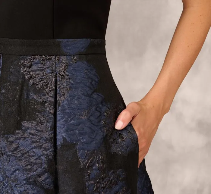 Long Dresses Womens Adrianna Papell Halter Ball Gown With Floral Jacquard Skirt In Navy Multi