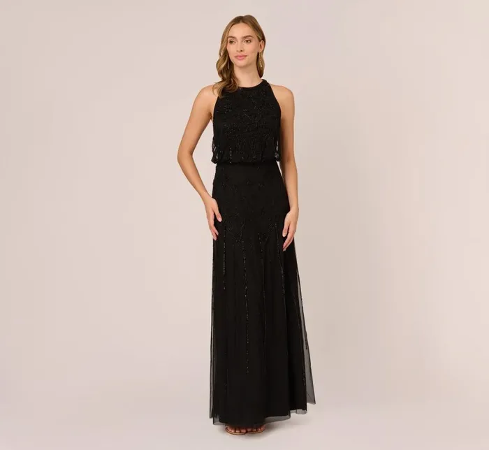 Long Dresses Womens Adrianna Papell Halter HandBeaded Blouson Gown With Keyhole Back In Black Long Dresses Womens Adrianna Papell Halter HandBeaded Blouson Gown With Keyhole Back In Black