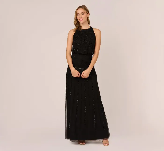 Long Dresses Womens Adrianna Papell Halter HandBeaded Blouson Gown With Keyhole Back In Black