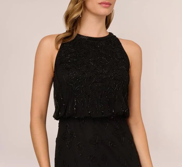Long Dresses Womens Adrianna Papell Halter HandBeaded Blouson Gown With Keyhole Back In Black