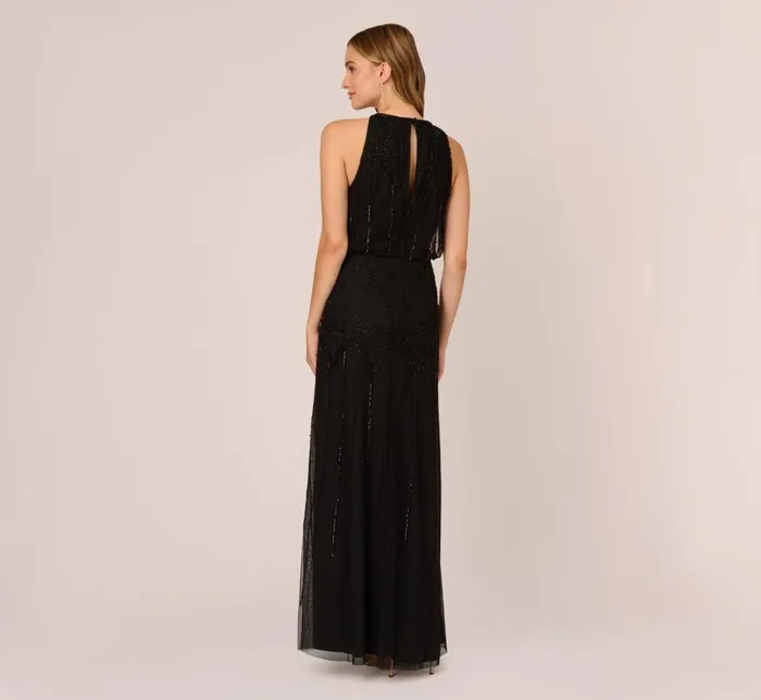 Long Dresses Womens Adrianna Papell Halter HandBeaded Blouson Gown With Keyhole Back In Black