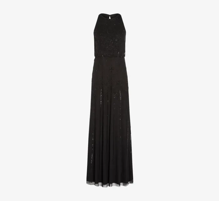 Long Dresses Womens Adrianna Papell Halter HandBeaded Blouson Gown With Keyhole Back In Black