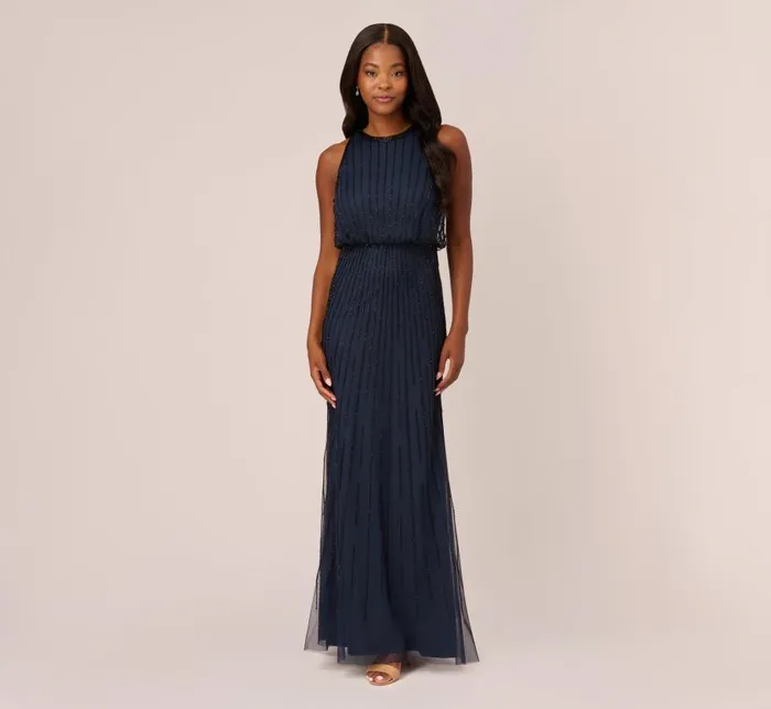Long Dresses Womens Adrianna Papell Line Beaded Blouson Mermaid Gown With Halter Neckline In Navy Black Long Dresses Womens Adrianna Papell Line Beaded Blouson Mermaid Gown With Halter Neckline In Navy Black