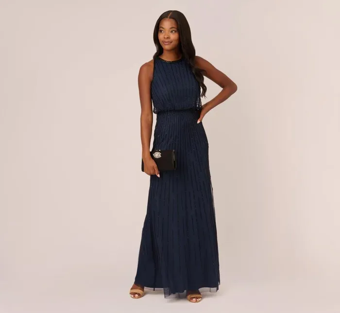 Long Dresses Womens Adrianna Papell Line Beaded Blouson Mermaid Gown With Halter Neckline In Navy Black