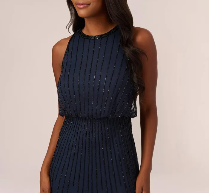 Long Dresses Womens Adrianna Papell Line Beaded Blouson Mermaid Gown With Halter Neckline In Navy Black