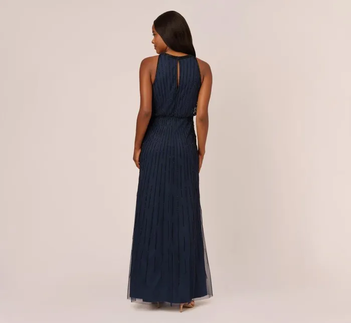 Long Dresses Womens Adrianna Papell Line Beaded Blouson Mermaid Gown With Halter Neckline In Navy Black