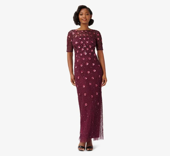 Long Dresses Womens Adrianna Papell Long Hand Beaded 3D Floral Dress With Elbow Sleeves In Cassis Long Dresses Womens Adrianna Papell Long Hand Beaded 3D Floral Dress With Elbow Sleeves In Cassis