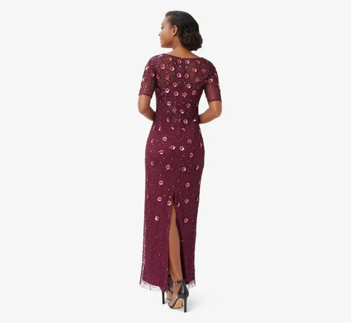 Long Dresses Womens Adrianna Papell Long Hand Beaded 3D Floral Dress With Elbow Sleeves In Cassis