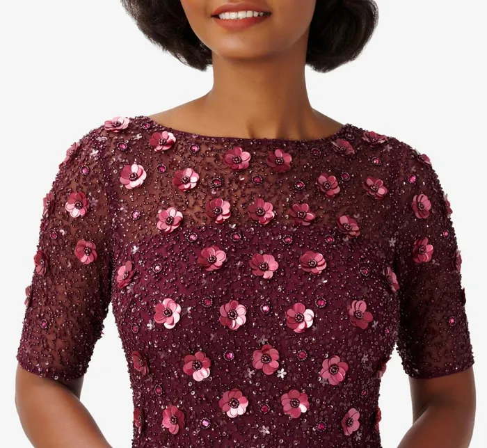 Long Dresses Womens Adrianna Papell Long Hand Beaded 3D Floral Dress With Elbow Sleeves In Cassis