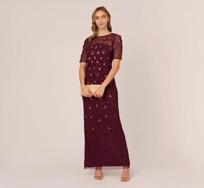 Long Dresses Womens Adrianna Papell Long Hand Beaded 3D Floral Dress With Elbow Sleeves In Cassis