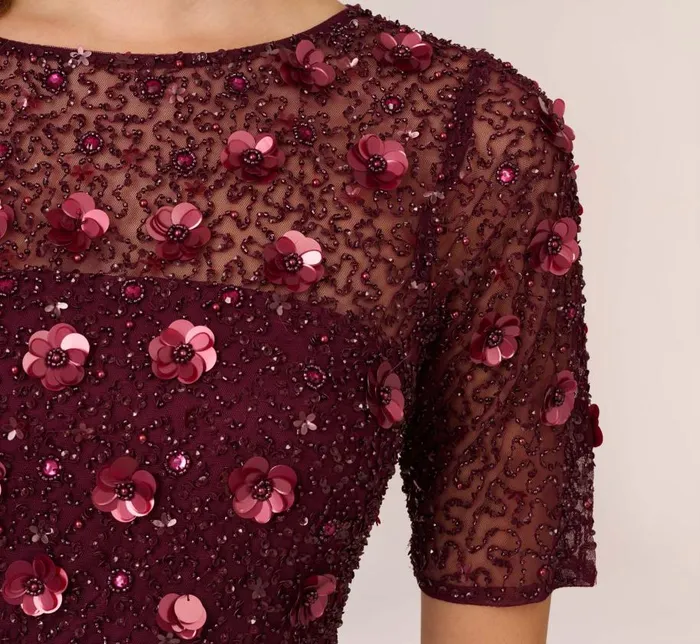 Long Dresses Womens Adrianna Papell Long Hand Beaded 3D Floral Dress With Elbow Sleeves In Cassis