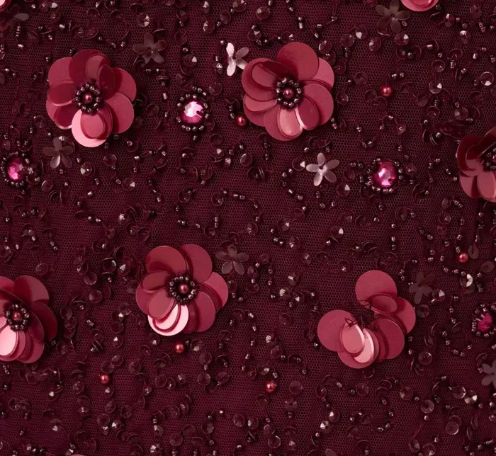 Long Dresses Womens Adrianna Papell Long Hand Beaded 3D Floral Dress With Elbow Sleeves In Cassis