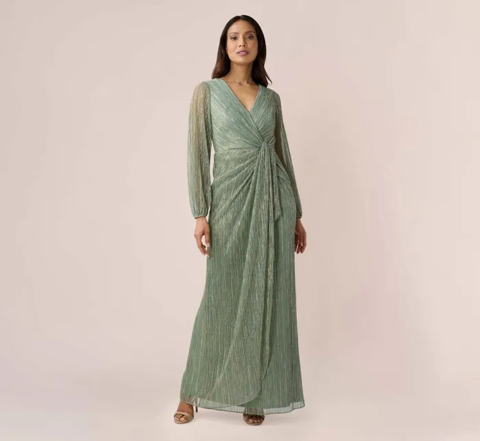 Long Dresses Womens Adrianna Papell Metallic Crinkled Mesh Draped Long Gown In Green Slate Long Dresses Womens Adrianna Papell Metallic Crinkled Mesh Draped Long Gown In Green Slate