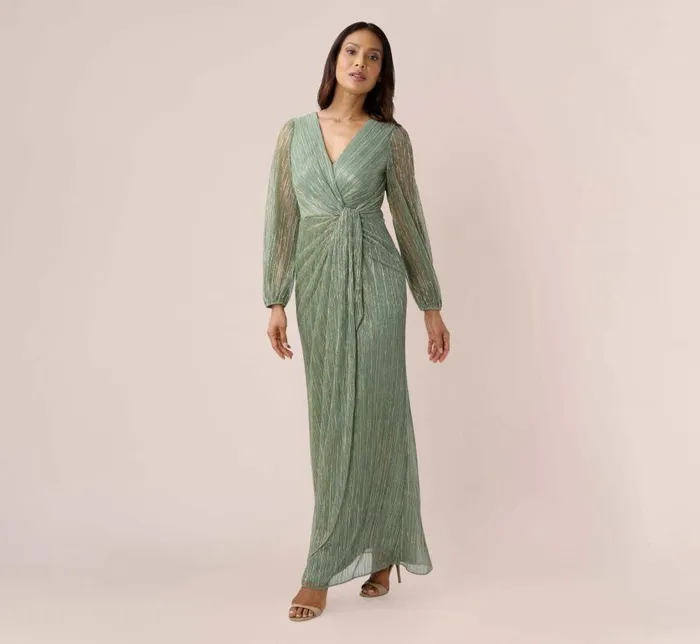 Long Dresses Womens Adrianna Papell Metallic Crinkled Mesh Draped Long Gown In Green Slate