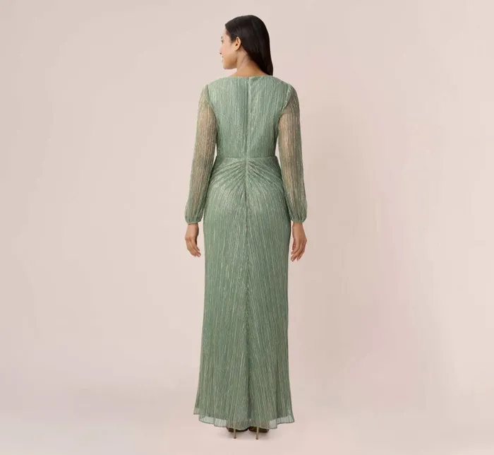 Long Dresses Womens Adrianna Papell Metallic Crinkled Mesh Draped Long Gown In Green Slate