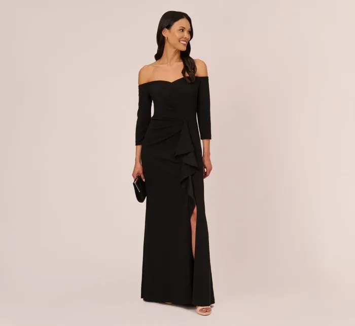 Long Dresses Womens Adrianna Papell Off The Shoulder Cascading Ruffle Gown In Black