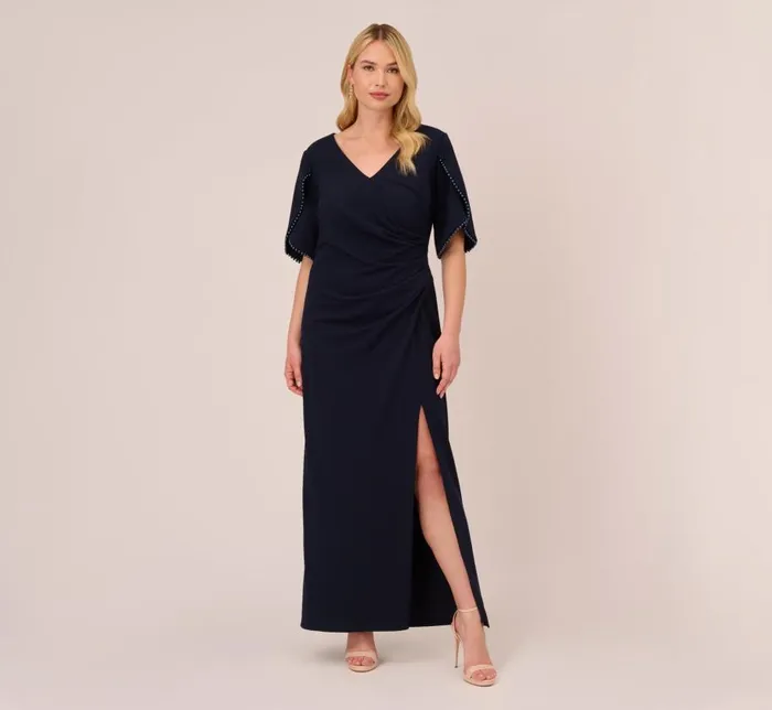 Long Dresses Womens Adrianna Papell Plus Size Crepe Mermaid Gown With Pearl Trim Short Sleeves In Midnight Long Dresses Womens Adrianna Papell Plus Size Crepe Mermaid Gown With Pearl Trim Short Sleeves In Midnight