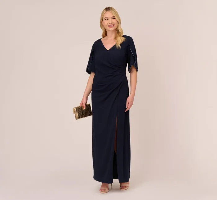 Long Dresses Womens Adrianna Papell Plus Size Crepe Mermaid Gown With Pearl Trim Short Sleeves In Midnight