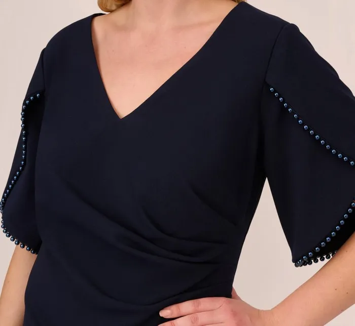 Long Dresses Womens Adrianna Papell Plus Size Crepe Mermaid Gown With Pearl Trim Short Sleeves In Midnight