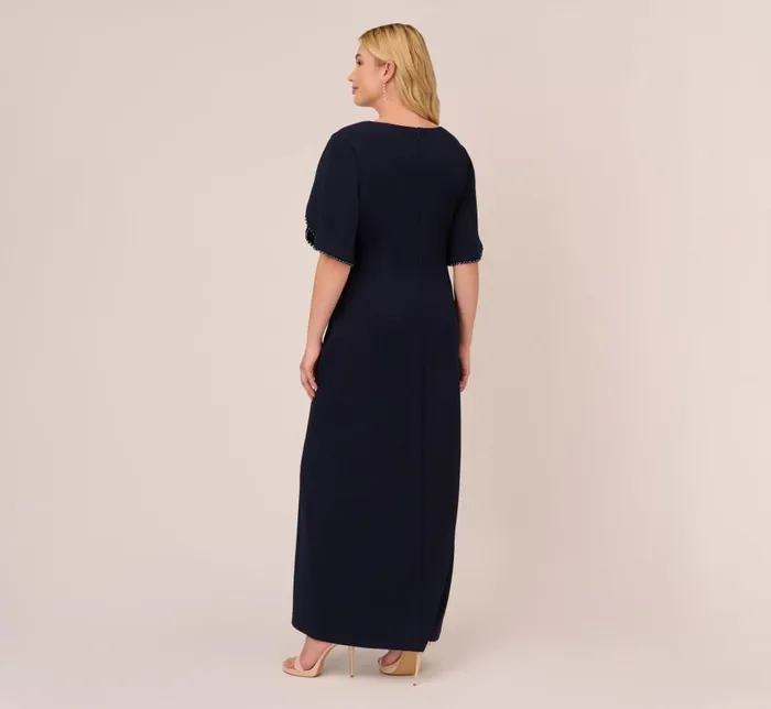 Long Dresses Womens Adrianna Papell Plus Size Crepe Mermaid Gown With Pearl Trim Short Sleeves In Midnight