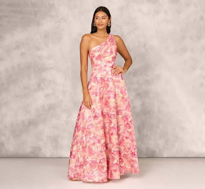 Long Dresses Womens Adrianna Papell Printed Jacquard One Shoulder Ball Gown With Pleat Details In Red Multi Long Dresses Womens Adrianna Papell Printed Jacquard One Shoulder Ball Gown With Pleat Details In Red Multi