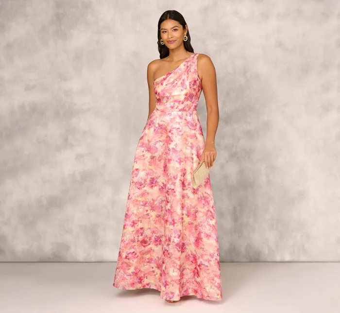 Long Dresses Womens Adrianna Papell Printed Jacquard One Shoulder Ball Gown With Pleat Details In Red Multi