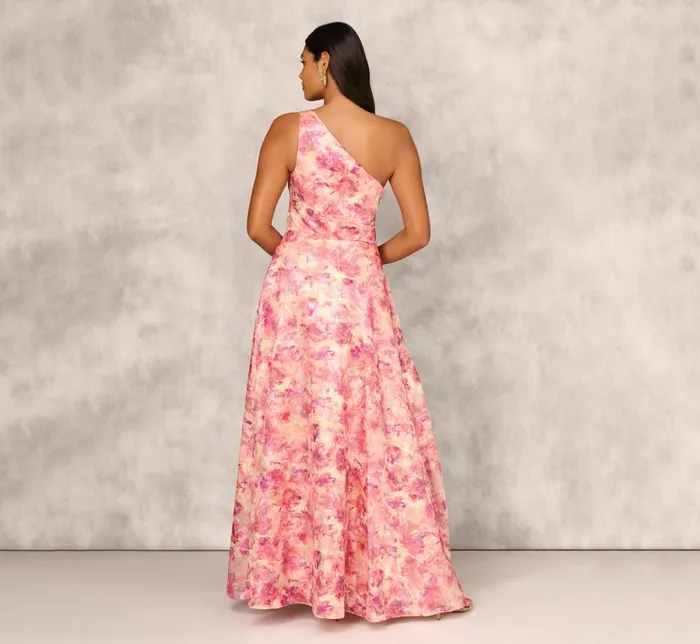 Long Dresses Womens Adrianna Papell Printed Jacquard One Shoulder Ball Gown With Pleat Details In Red Multi