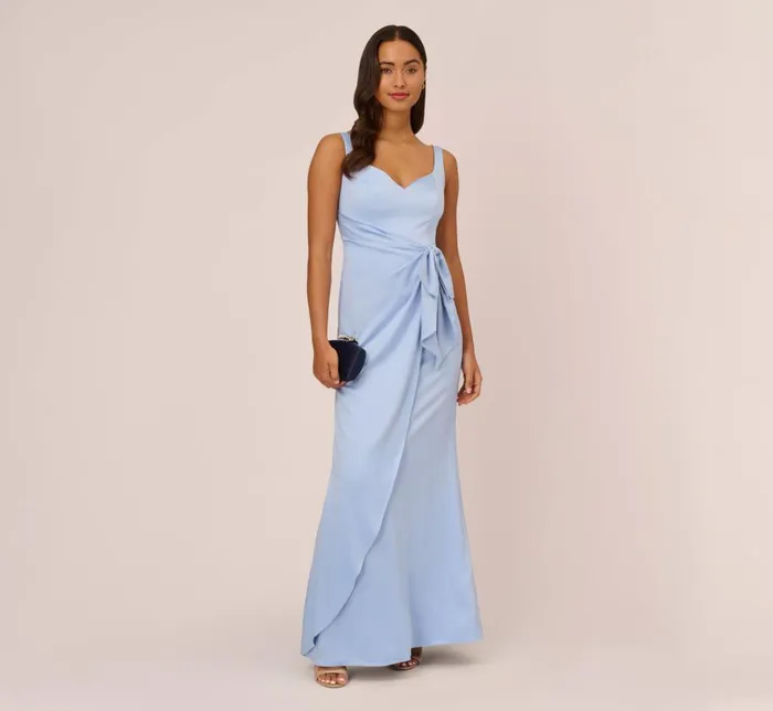 Long Dresses Womens Adrianna Papell Satin Crepe Mermaid Gown With Tie Waist In Blue Breeze