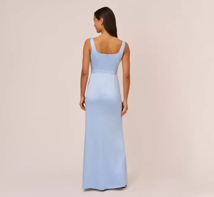 Long Dresses Womens Adrianna Papell Satin Crepe Mermaid Gown With Tie Waist In Blue Breeze