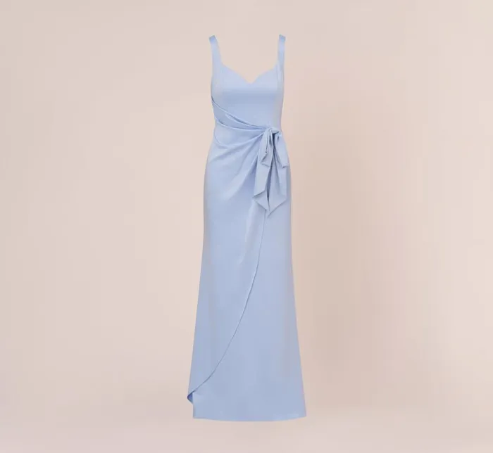 Long Dresses Womens Adrianna Papell Satin Crepe Mermaid Gown With Tie Waist In Blue Breeze