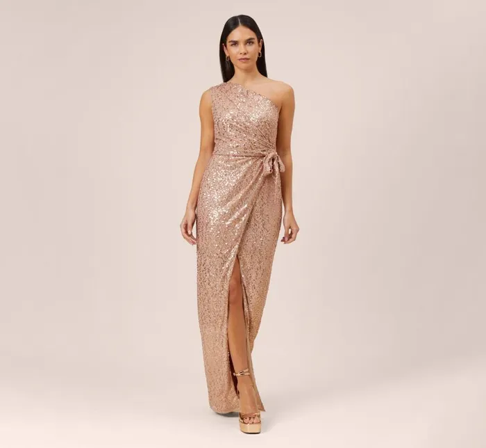 Long Dresses Womens Adrianna Papell Sequined OneShoulder Long Column Dress With Side Sash In Rose Gold Long Dresses Womens Adrianna Papell Sequined OneShoulder Long Column Dress With Side Sash In Rose Gold