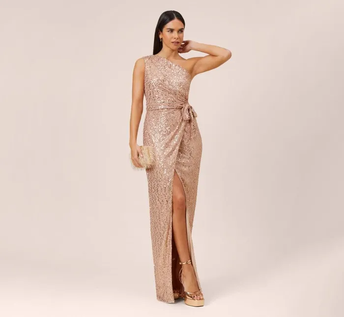 Long Dresses Womens Adrianna Papell Sequined OneShoulder Long Column Dress With Side Sash In Rose Gold