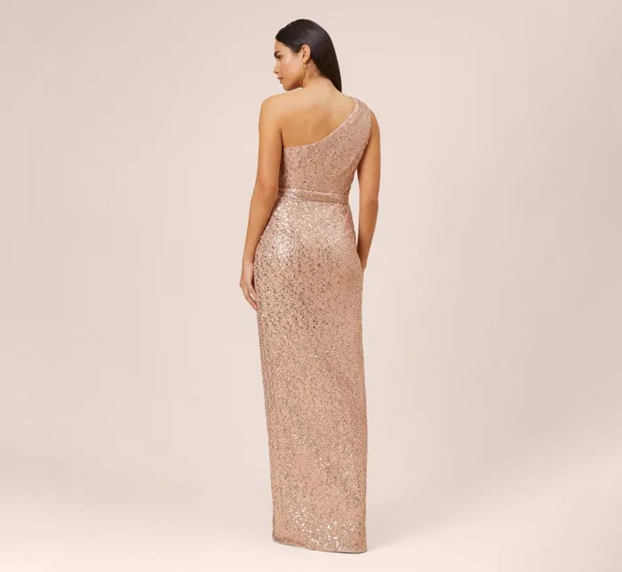 Long Dresses Womens Adrianna Papell Sequined OneShoulder Long Column Dress With Side Sash In Rose Gold