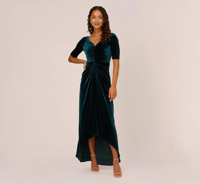 Long Dresses Womens Adrianna Papell Shirred Velvet Gown With ElbowLength Sleeves In Emerald Long Dresses Womens Adrianna Papell Shirred Velvet Gown With ElbowLength Sleeves In Emerald