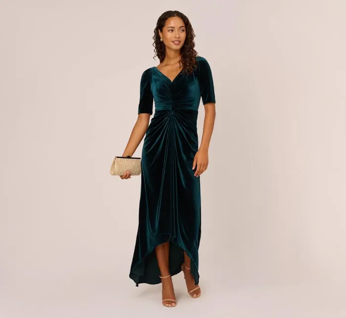 Long Dresses Womens Adrianna Papell Shirred Velvet Gown With ElbowLength Sleeves In Emerald