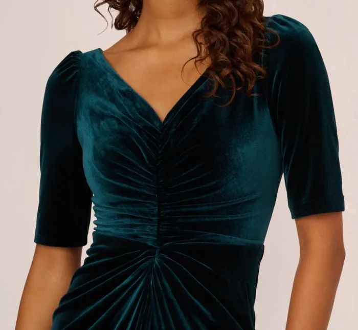 Long Dresses Womens Adrianna Papell Shirred Velvet Gown With ElbowLength Sleeves In Emerald